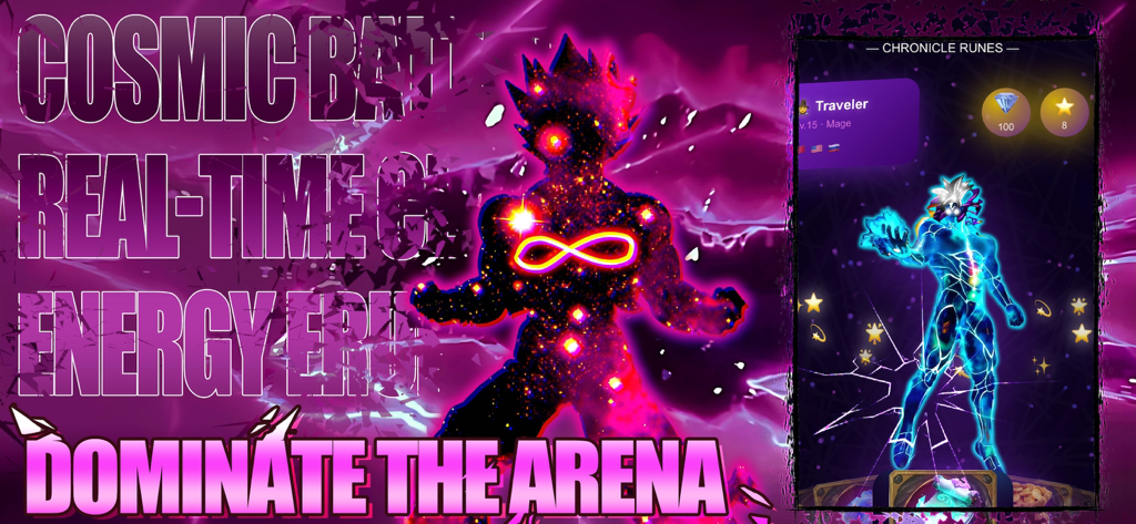 A cosmic hero character profile and the Dominate the Arena text in ZYNC Heroes Ascent