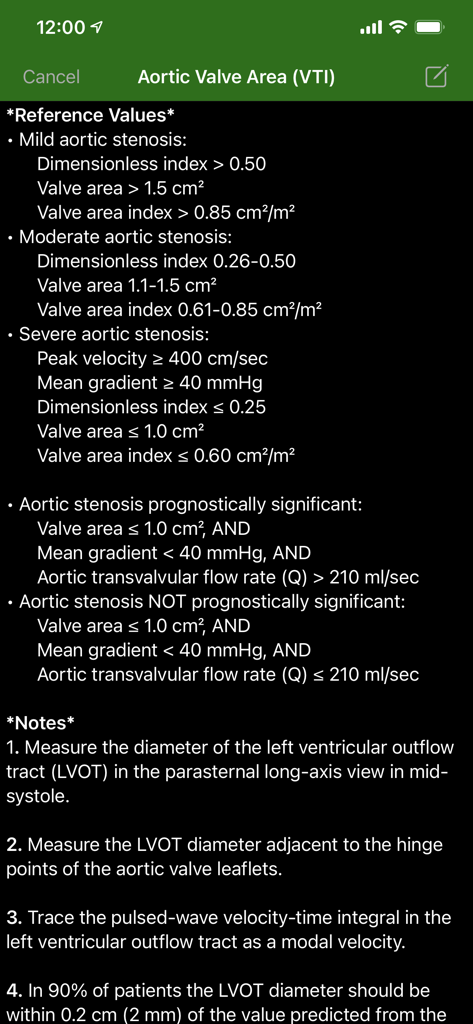 EchoLabアプリ画面、VTIを使用した大動脈弁面積の計算のための参照値と臨床ノートを表示