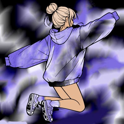 realistic girl jumping with a bun and oversized sweatshirt