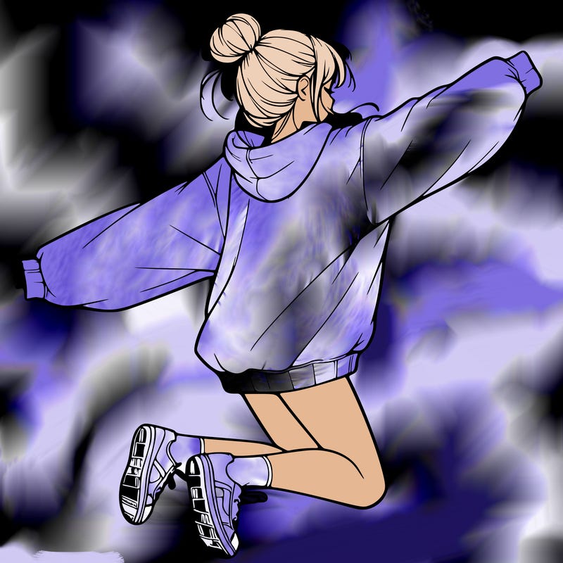 realistic girl jumping with a bun and oversized sweatshirt
