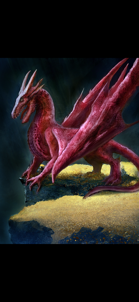 An illustration of a red dragon perched on a hoard of gold coins on a cliffside.