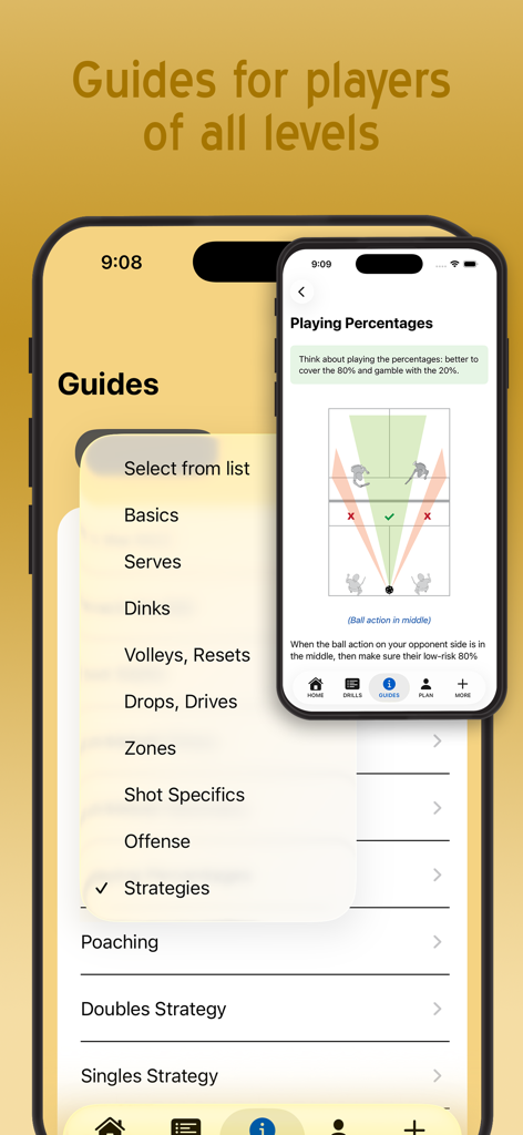 Pickleball app interface showing a list of coaching guides and a strategy diagram for court positioning.