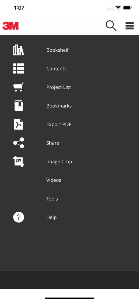 Navigation menu of the 3M Electrical app showing professional tools including Project List, Bookshelf, and PDF Export