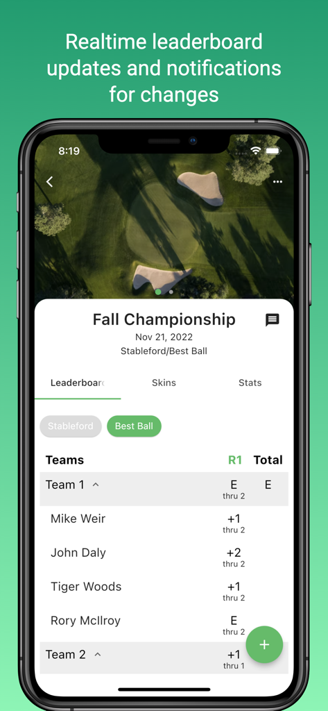 Squabbit - Golf Tournament App - A smartphone display showing the Squabbit app real-time golf tournament leaderboard and team scores