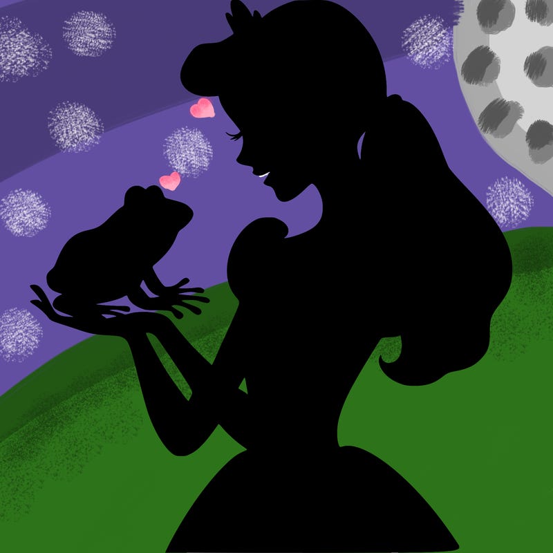 a shadow of a princess holding a frog realistic