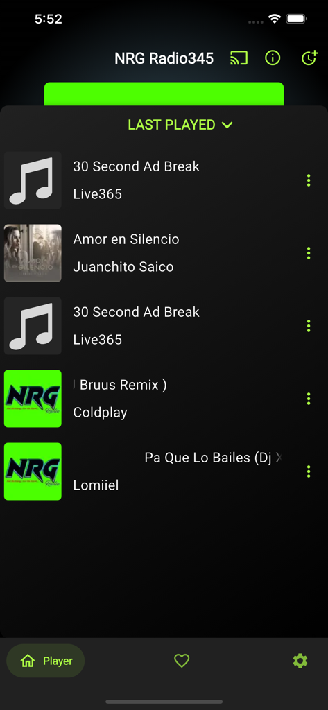 NRGradio345 - Interfaz de la aplicación NRGradio345 mostrando una lista de pistas y canciones reproducidas recientemente