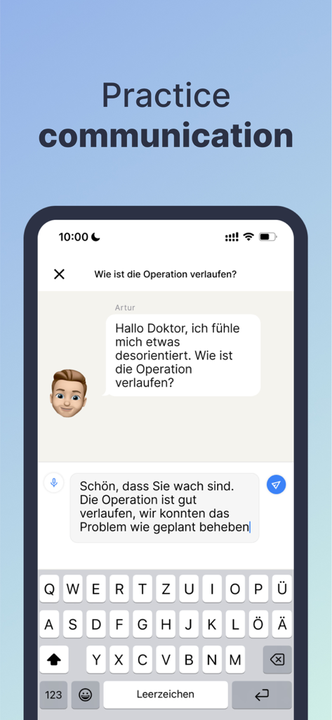 Medical German Language - A smartphone screen displaying a medical German conversation practice between a doctor and a patient.