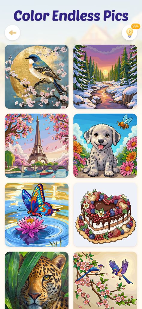 Color Aura: Paint by Number - Une variété de créations colorées par numéro représentant des animaux et des paysages