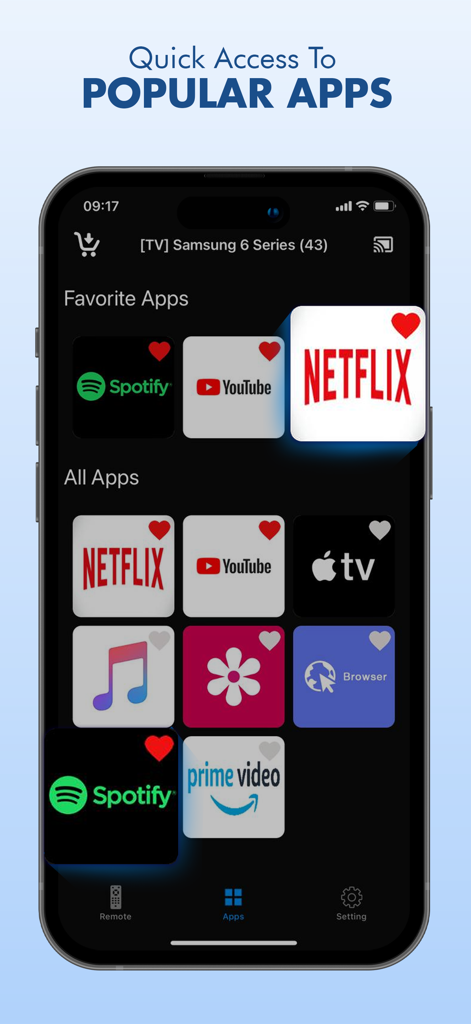Smart TV Remote: Sam TV Things - Écran de smartphone montrant un accès rapide aux applications populaires comme Netflix et YouTube sur une application de télécommande pour TV Samsung