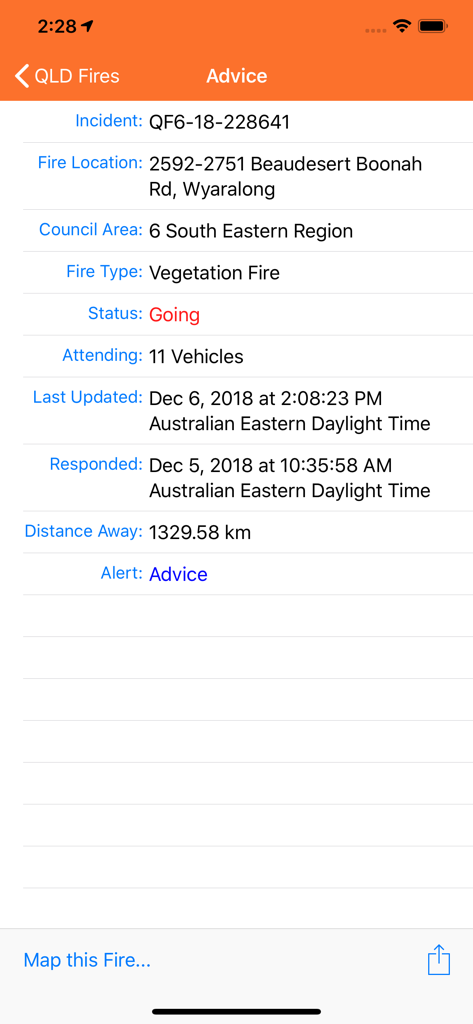 QLD Fires - Detailed view of a fire incident in the QLD Fires mobile app including location status and emergency advice