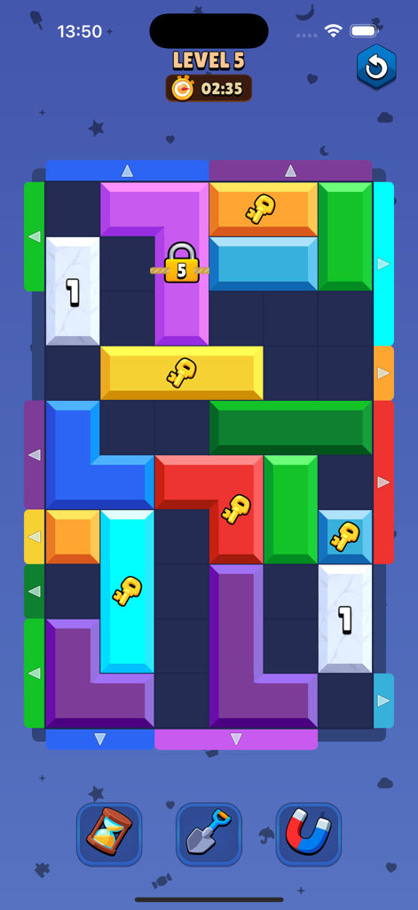Color Block Jam Games - Pantalla de jugabilidad de Color Block Jam Games con una cuadrícula de coloridos bloques de puzzle de lógica y llaves.