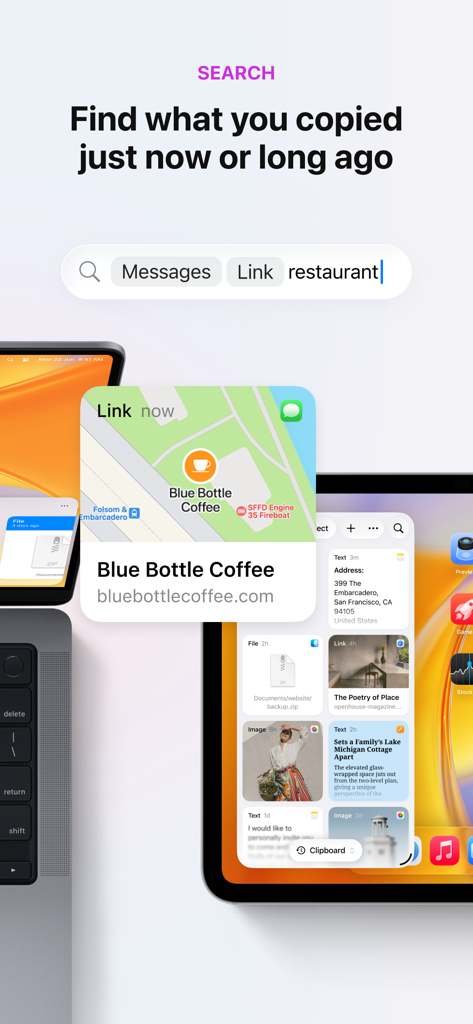 Paste – Limitless Clipboard - Search interface of Paste app showing visual clipboard history with filters for messages and links on iPad and Mac