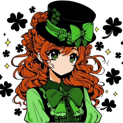 a manga-style girl with clovers around her, a little hat in her hair, like it's saint patrick's day