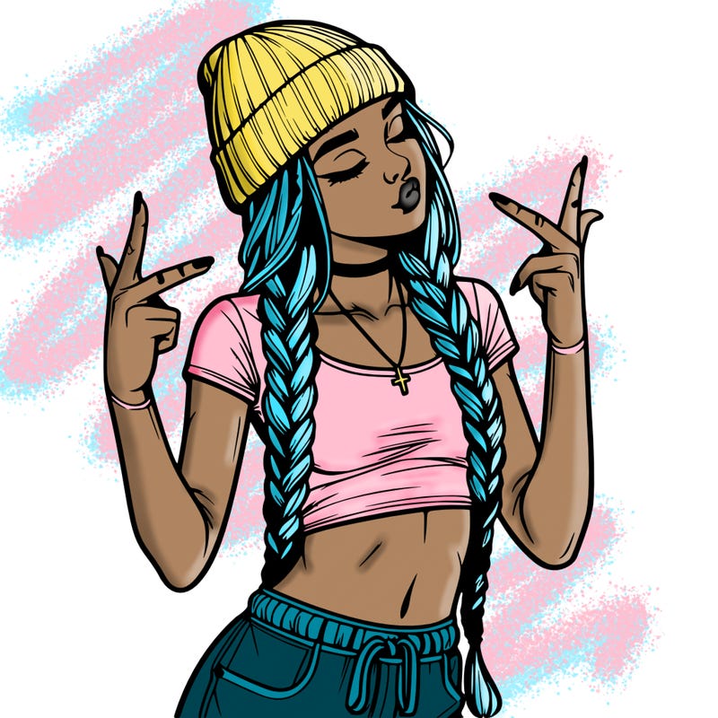 realistic teenage girl with braids and a beanie and crop top doing 🫶🏼