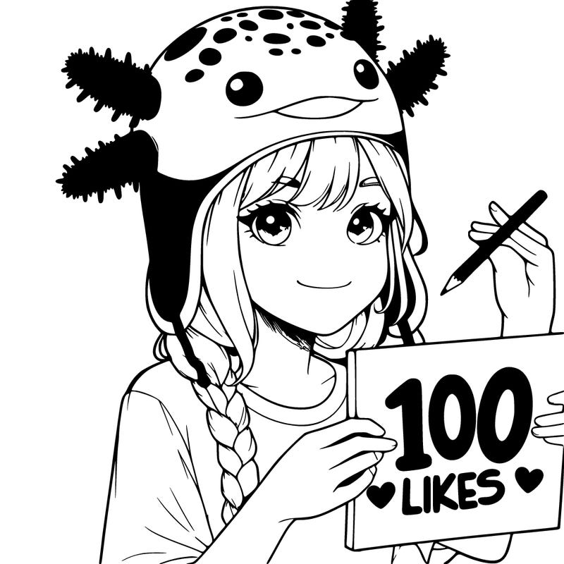 realistic girl in an axolotl hat with a sign that says 100 likes