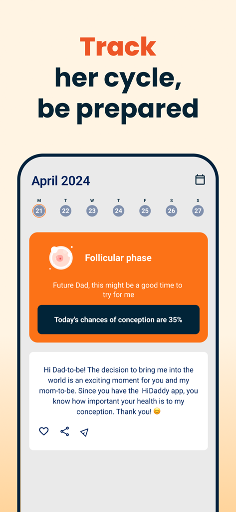 Mobile screen of HiDaddy app showing ovulation cycle tracking and conception chances for future dads.