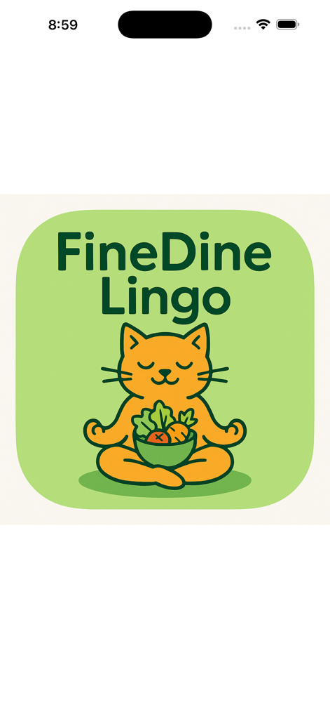 美食圖語 - Logo dell'app Gastronomia Visiva con un gatto meditante che tiene una ciotola di verdure