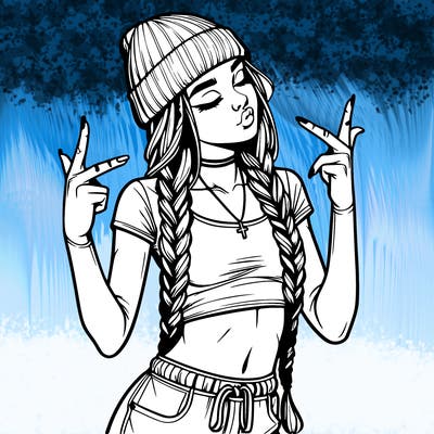 realistic teenage girl with braids and a beanie and crop top doing 🫶🏼