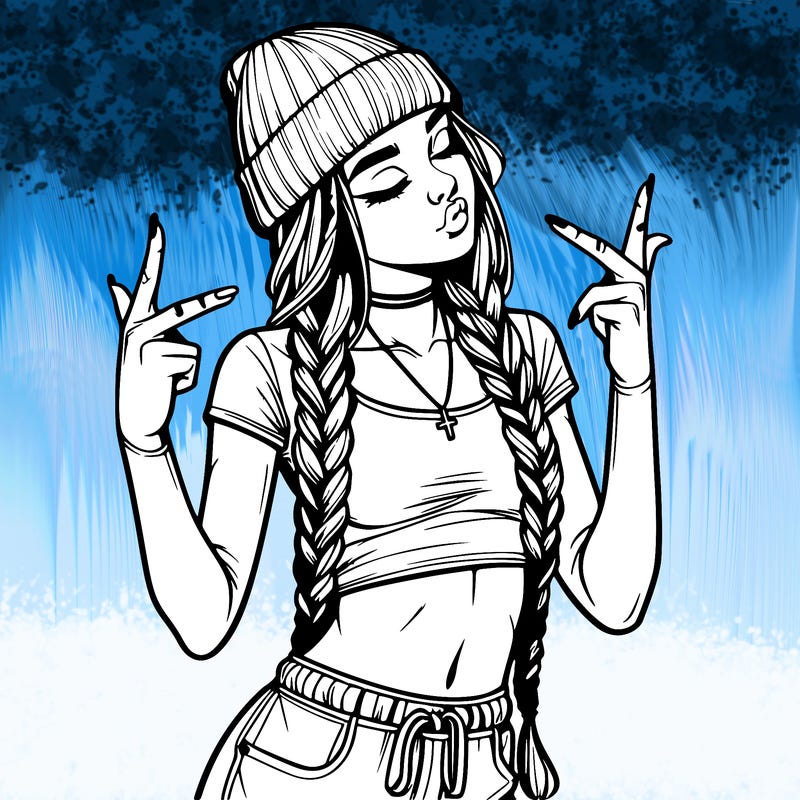 realistic teenage girl with braids and a beanie and crop top doing 🫶🏼