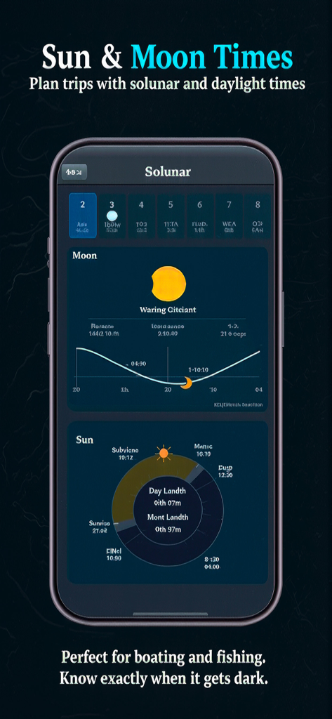 Marine Navigation App-Oberfläche mit Solunar-Daten, Mondphasen und Sonnenzeiten für die Planung von Boots- und Angelausflügen.