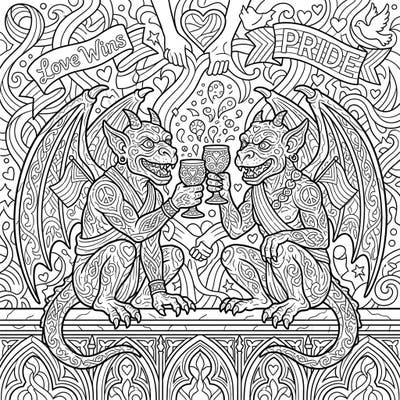 Unleash your creativity with this unique Gargoyles Pride coloring page, celebrating love and diversity in an extraordinary way. Dive into a world where ancient guardians join the festivities, adorned with symbols of peace and unity.