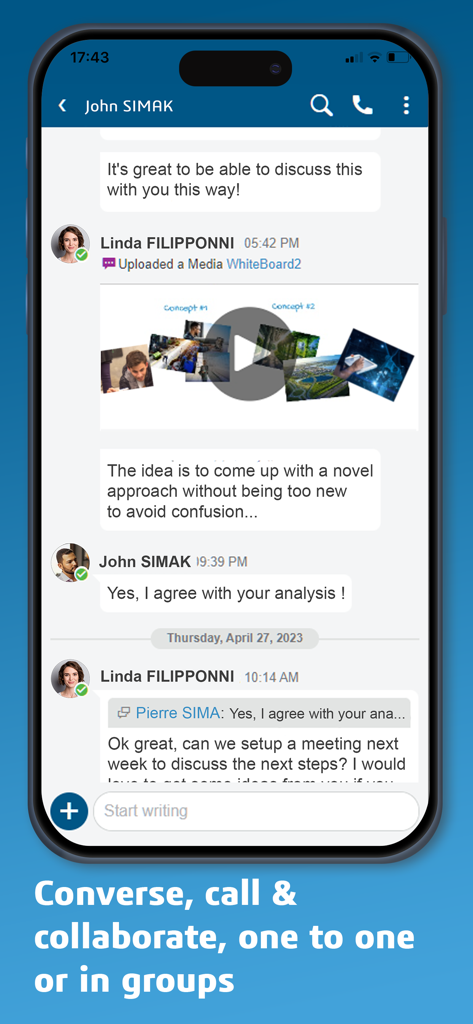 3DSwym - 視覚コンテンツとプロジェクトコラボレーションが共有されたプロフェッショナルなチャット会話を表示する3DSwymアプリのモバイルインターフェイス