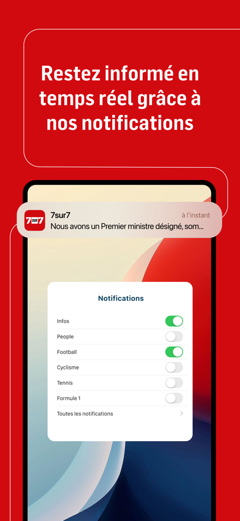 Interface de l'application 7sur7 montrant une notification d'actualités et des paramètres d'alerte personnalisables pour des sujets tels que le sport et le style de vie