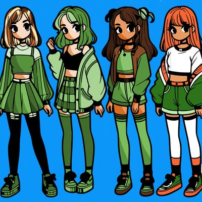 one girl with crop-top shirt and a jacket with a skirt, long socks and another girl with a shirt and pants with a jacket