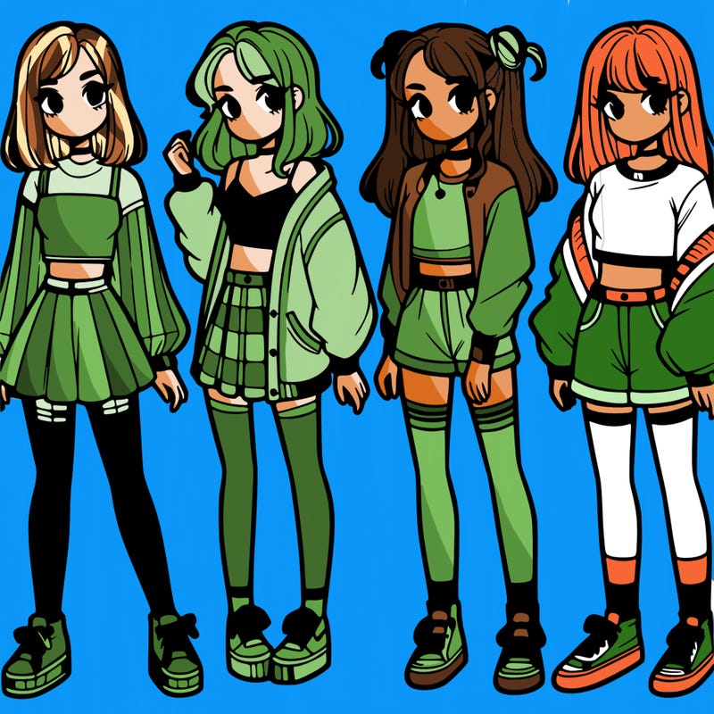 one girl with crop-top shirt and a jacket with a skirt, long socks and another girl with a shirt and pants with a jacket