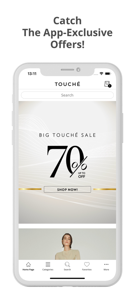 Touché Privé International - Touché Privé mobile shopping app home screen displaying a 70 percent off big sale banner and modest fashion collection.