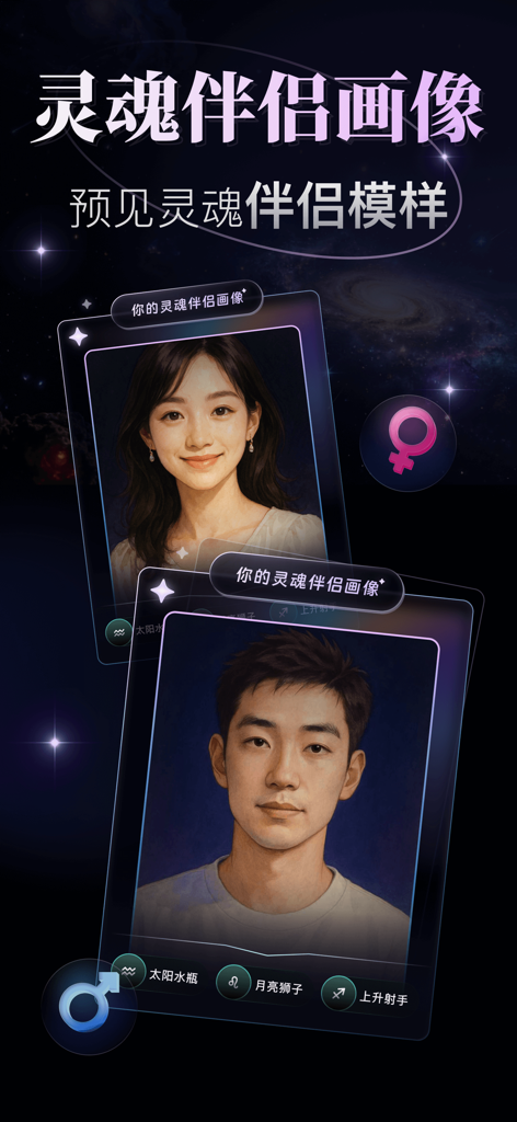 月见 - 塔罗 · 星座 · 星盘解读 - 占星術アプリのデジタルカードに表示された2つのAI生成の潜在的なソウルメイトのポートレート