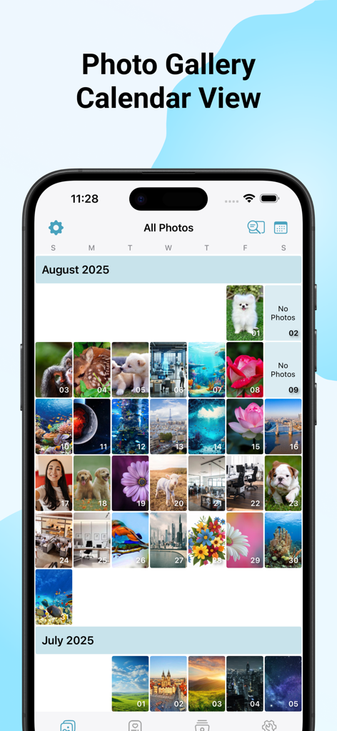 Aplicación de galería de fotos que muestra una cuadrícula de calendario mensual con fotos organizadas por fecha