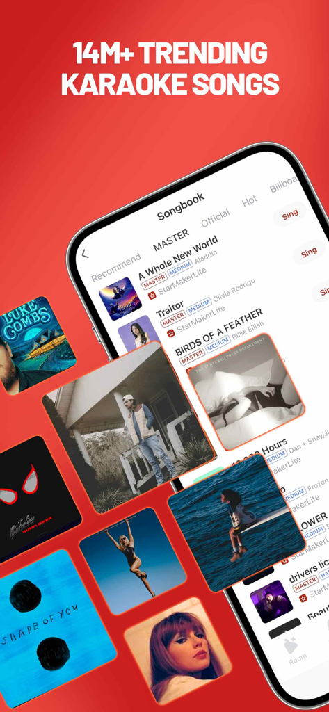 Interfaz de la aplicación StarMaker Lite mostrando un cancionero con millones de éxitos de karaoke de moda y portadas de álbumes de artistas.