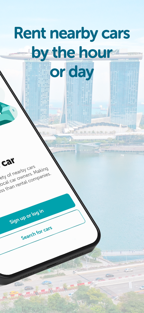 Drive lah mobile app interface showing car rental options with a Singapore skyline background