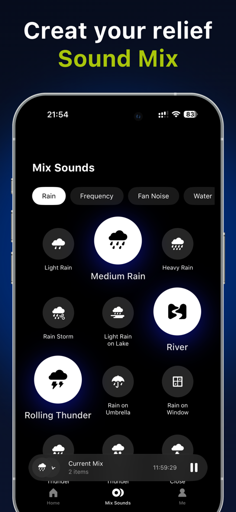 TinniSound: Tinnitus Relief - Screenshot of the TinniSound app showing the sound mix interface with various rain and nature sounds for tinnitus relief