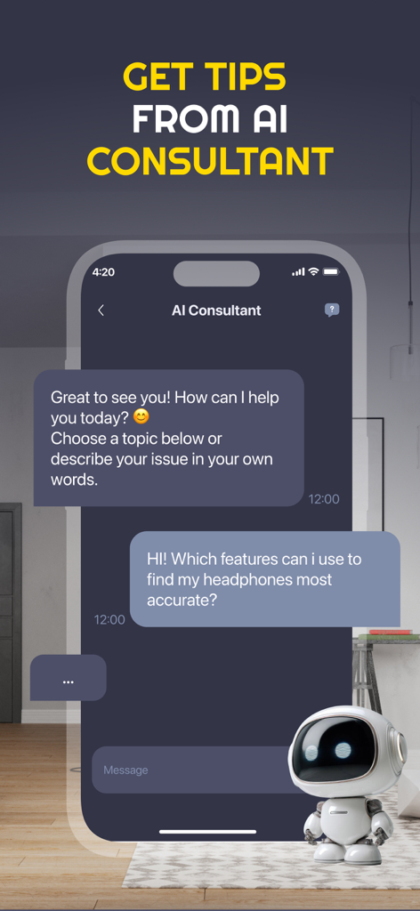 Smart Device Detector & Signal - Pantalla de la aplicación Detector de Dispositivos Inteligentes mostrando una interfaz de chat de consultor de IA que ofrece consejos de solución de problemas para encontrar dispositivos