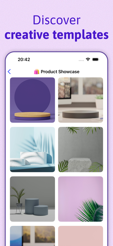A collection of creative product showcase templates with various aesthetic backgrounds