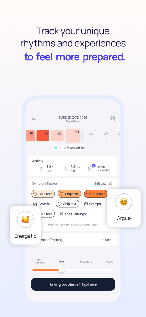 Samphire - Samphire app screen for tracking menstrual cycles, daily activities, and physical symptoms.