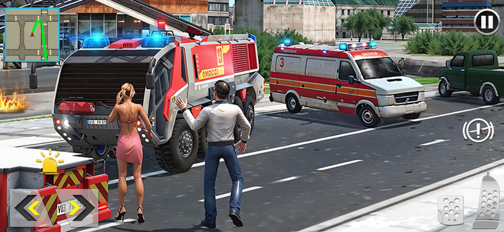 Firefighter Vehicles Rescue 3D - A heavy duty fire truck and ambulance at an emergency scene in a city street simulation