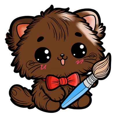 an adorable fluffy kitten holding a paintbrush
