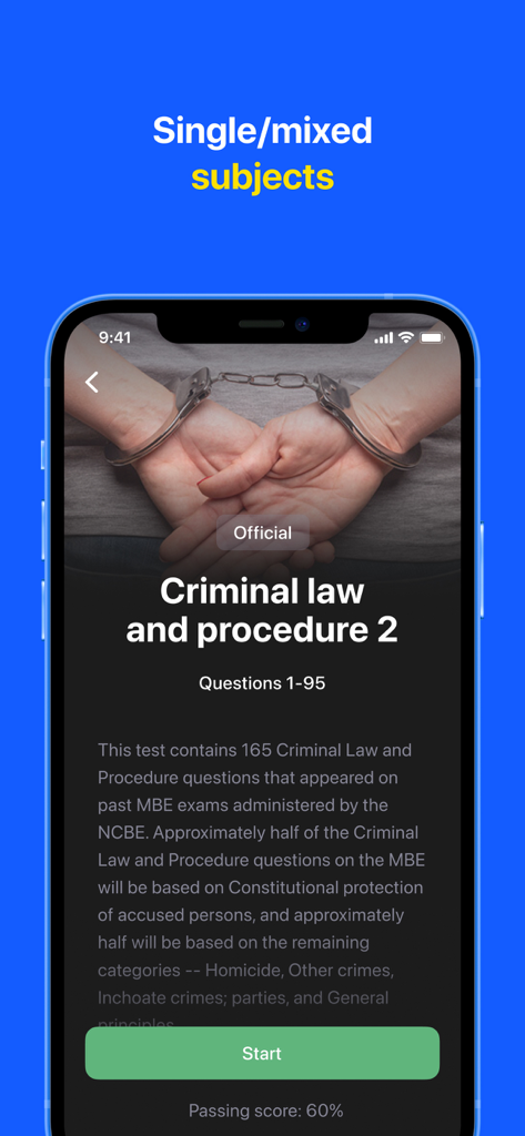 Bar Exam & MBE: Bar Prep - Screenshot of the Bar Prep Hero app showing the start screen for a Criminal Law and Procedure practice test with 95 questions.