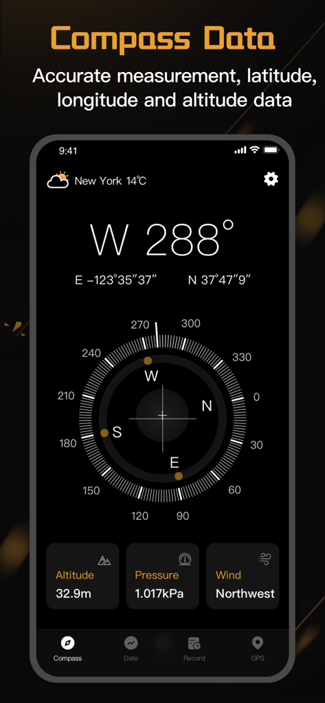 compass-latitude and longitude - Digital compass interface displaying latitude longitude altitude and barometric pressure