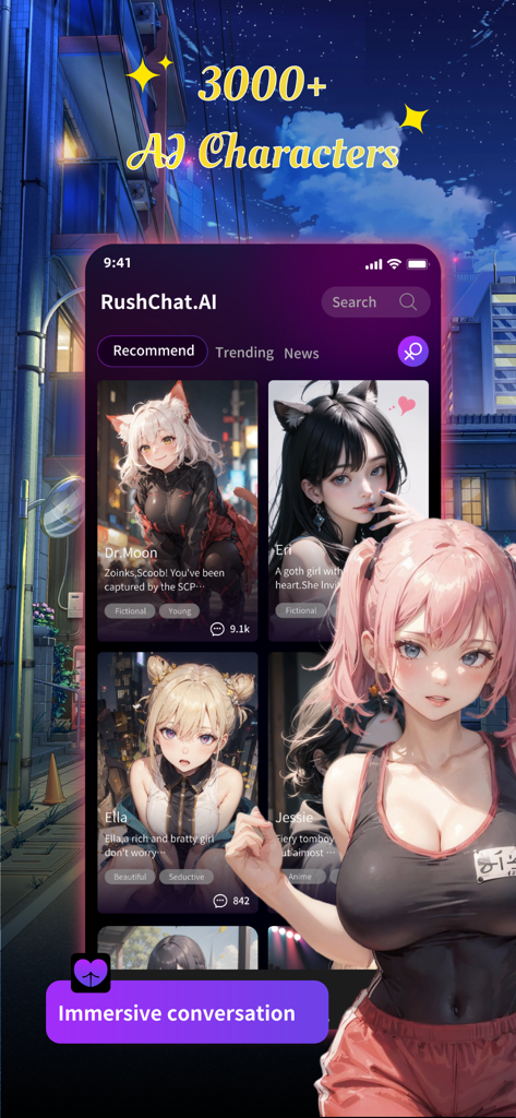 RushChat AI-Role Play AI Chat - RushChat AI app interface showing a gallery of diverse anime style AI characters for roleplay and immersive conversations