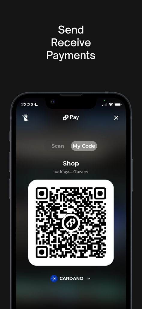 Begin: Bitcoin Cardano Solana - Begin app interface showing a QR code for receiving Cardano payments