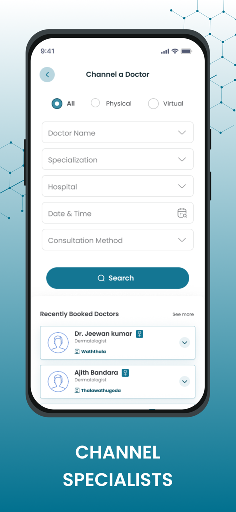 Hemas Health - Schermata dell'app Hemas Health per la ricerca e la prenotazione di appuntamenti con specialisti medici