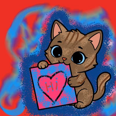 a small cat with a blank sheet of paper in its hand. the cat is sooooooo cute!