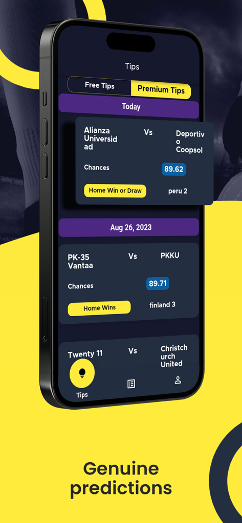 Gonzo Tips - Interface de l'application mobile Gonzo Tips montrant les prédictions de paris sur le football premium et les probabilités de gain.