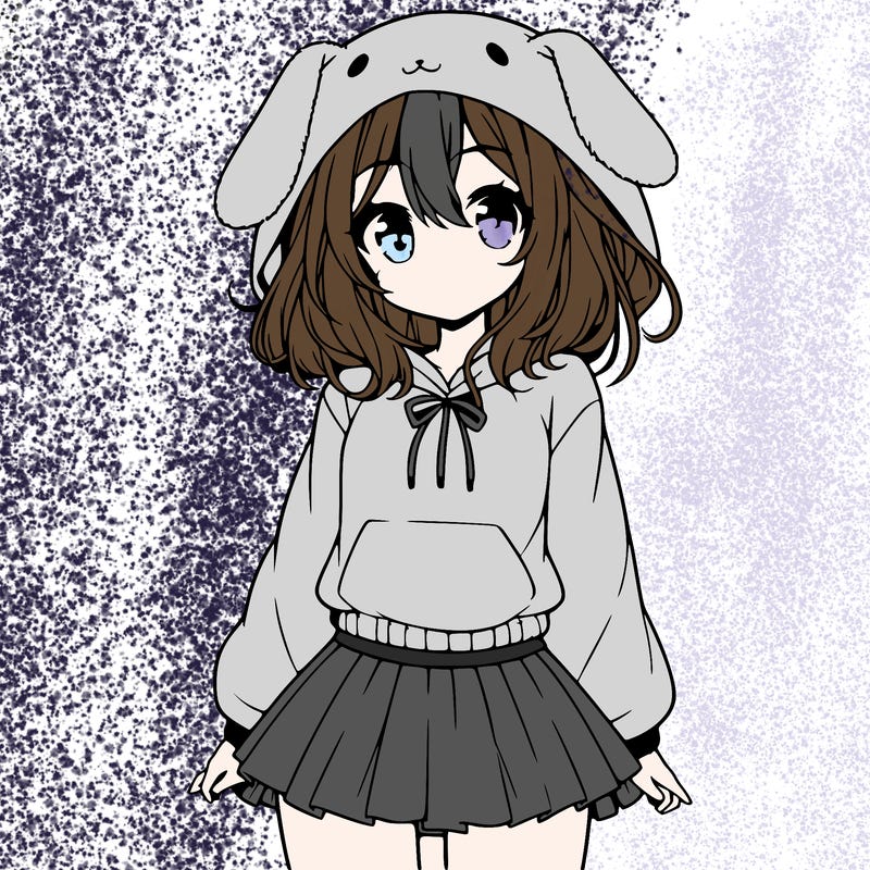 pretty anime girl wearing a fluffy hoodie with bunny ears on the hood and a skirt