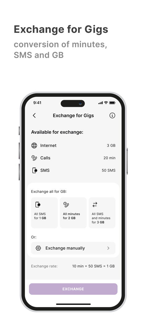 Kcell - Kcell app screen for exchanging minutes and SMS for mobile data GB