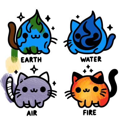 4 cats that represent the different elements, earth, water, air, and fire